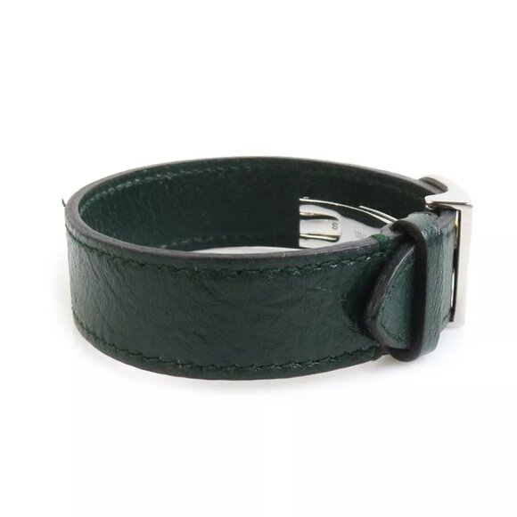 Auth GUCCI Interlocking G Bracelet Green/Silver Leather/Stainless Steel h30825f - Picture 2 of 9